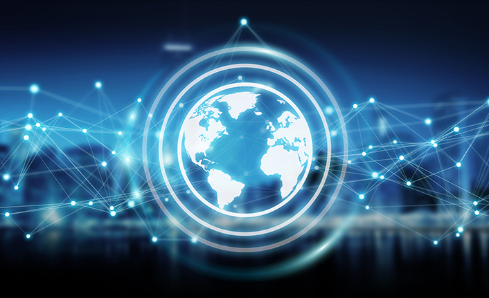 Connections system on world icon on city background 3D rendering