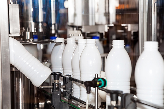 Packaging bottles line in the milk industry