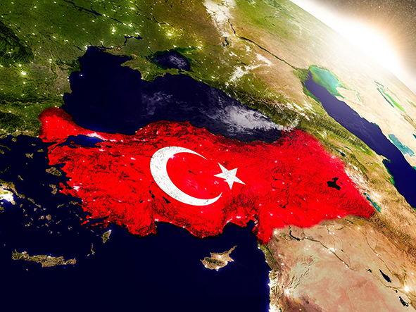 Turkey,With,Embedded,Flag,On,Planet,Surface,During,Sunrise.,3d